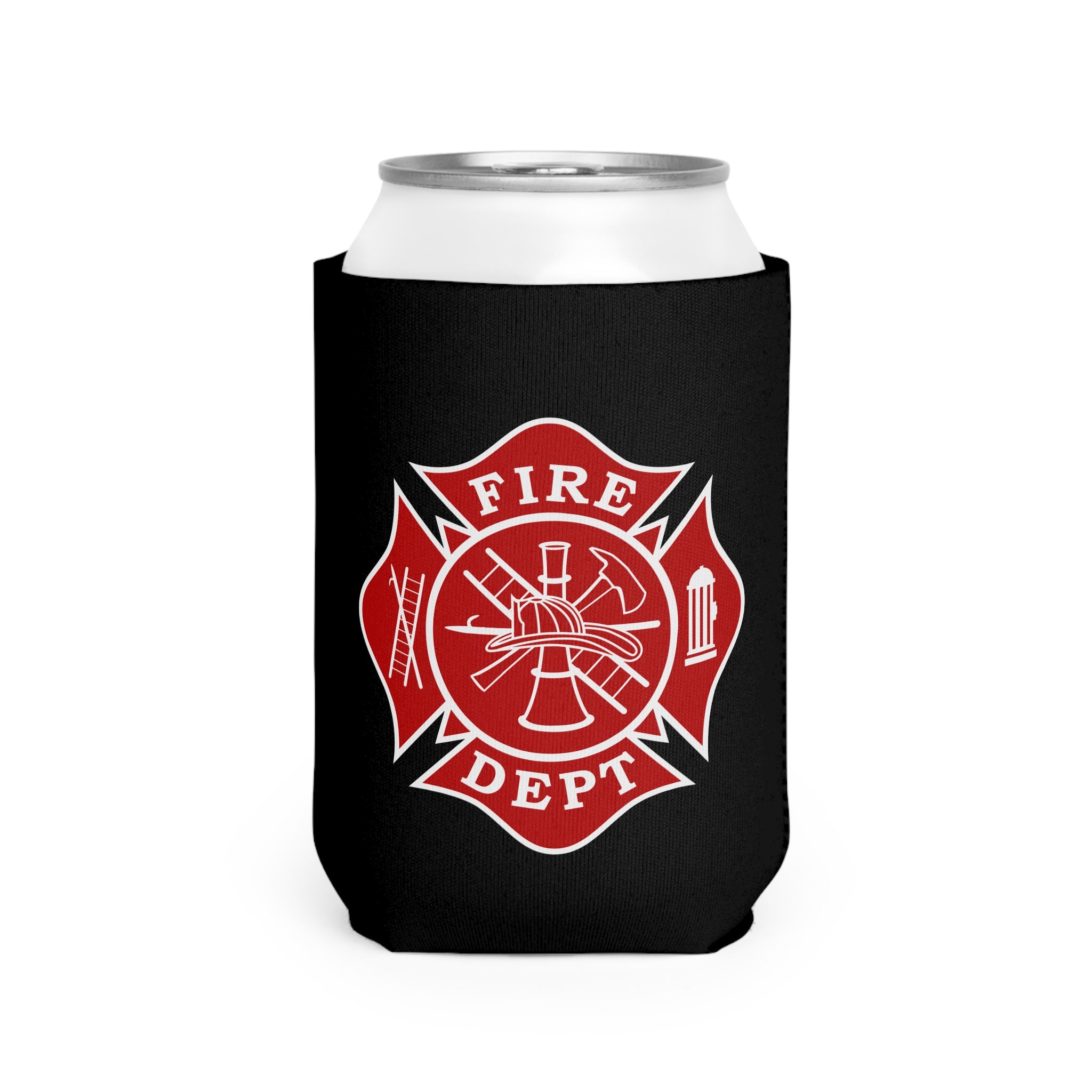 Firefighter Maltese Cross Can Cooler Sleeve, Black Insulated Beverage Holder